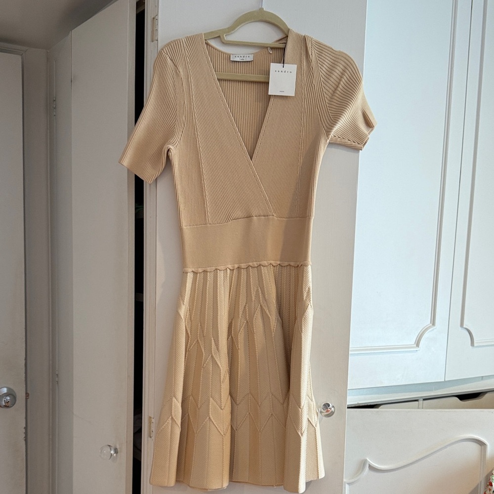 Sandro Cream V-Neck Knit Midi Dress